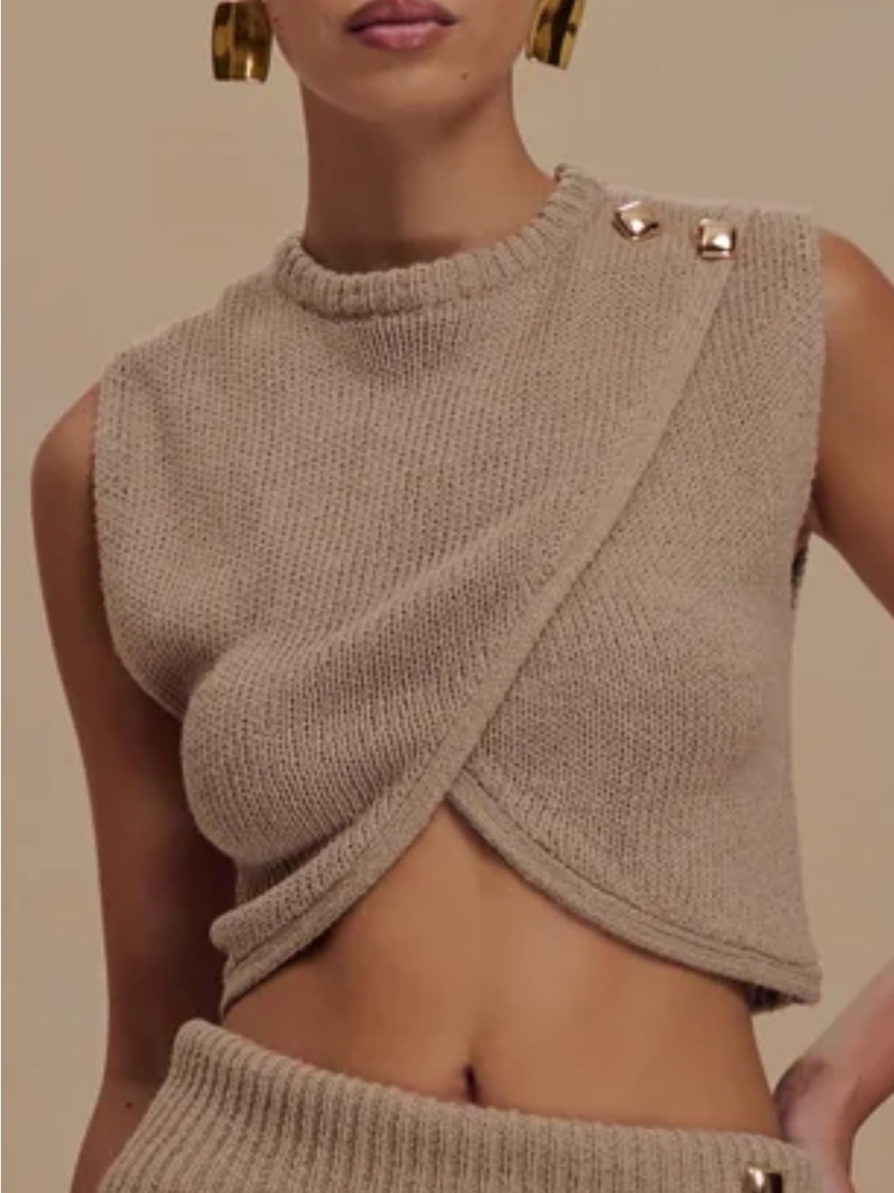 Meshki Sloane Overlay Cropped Knit Top Latte NWT Linen Blend